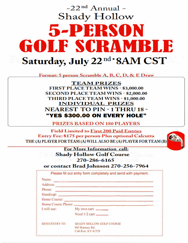 Shady Hollow 5-Person Golf Scramble - Edmonson County Tourism